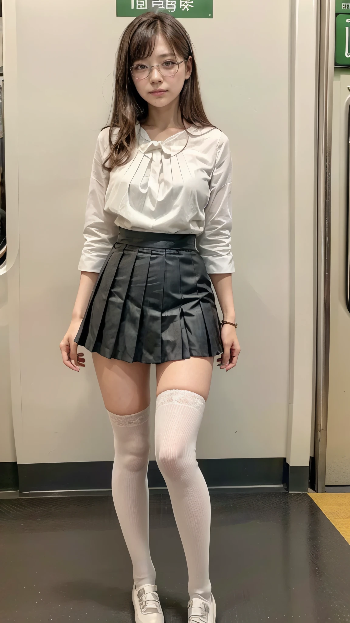 (A woman standing on the Yamanote Line:1.5)、(Realistic、Like a photograph、Live Action、8k, Realistic, RAW Photos, Best image quality: 1.4), Single-lens reflex camera、RAW Photos, Highest quality, Realistic, Highly detailed CG Unity 8k wallpaper, Written boundary depth, Cinematic Light, Lens flare, Ray Tracing, Realistic background、((Ultra-Dense Skin))、 23-year-old woman、Cute Japan OL、(whole body:1.5)、(White blouse、Black pleated skirt:1.5、Over the knee socks:1.44)、Wear glasses、Large Breasts)、Very detailedな顔,(avert your eyes:1.5)、(Long Hair:1.2、I like that style、stylish、Very detailed、Pay attention to the details、Perfect outfit、(Sunburned skin)、Front view、Accurate hands、Accurate legs、Detailed hands and fingers、Anatomically correct body、Thin legs、Thin thighs、Large Breasts、Very detailedな顔、View from the low
