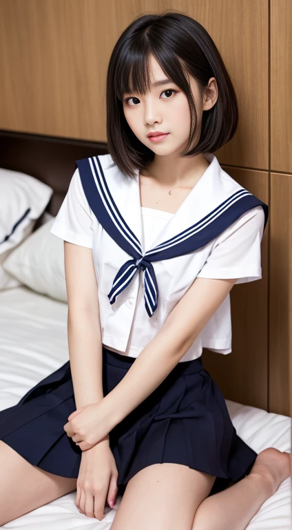 Actual photos of Japanese junior high school girls, A full body photo from head to toe,Beautiful woman with a young face,Blank look,Slightly parted lips,Transparent, lustrous skin,Bob hair or short cut,Summer short-sleeved sailor uniform,The ribbon is red,uniform, summer sailor uniform, A short navy skirt, In her room,One hand raised,Sit on the bed,Sit with your legs apart,One leg stands on the knee,A small white panty is visible from under the skirt,Panties digging into crotch,I masturbate to adult rape videos every day, I have no experience with men, But I want to have sex, I have a rape wish,Attractive thighs,I'm sweating a lot