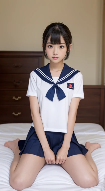 Actual photos of Japanese junior high school girls, A full body photo from head to toe,Beautiful woman with a young face,Blank look,Slightly parted lips,Transparent, lustrous skin,Bob hair or short cut,Summer short-sleeved sailor uniform,The ribbon is red,uniform, summer sailor uniform, A short navy skirt, In her room,One hand raised,Sit on the bed,Sit with your legs apart,One leg stands on the knee,A small white panty is visible from under the skirt,Panties digging into crotch,I masturbate to adult rape videos every day, I have no experience with men, But I want to have sex, I have a rape wish,Attractive thighs,I'm sweating a lot