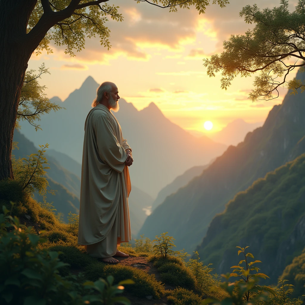 The image of a warm sunrise on the mountain top, the soft light shining through the leaves and the peaceful sounds of nature create a sense of serenity. There is a great philosopher standing in the middle.
. hyper realistic