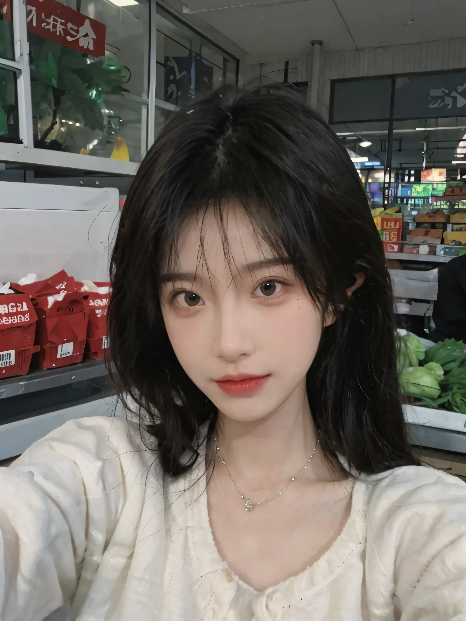 Best quality,Ultra-high resolution,(Realism:1.4),Cute hairpins,girll,Cropped black sweater,Look directly at the audience,Full of atmosphere,Beautiful woman with a slim figure:1.4,supermarket,whole body,Super delicate face,Exquisite eyes,Double eyelids,necklace