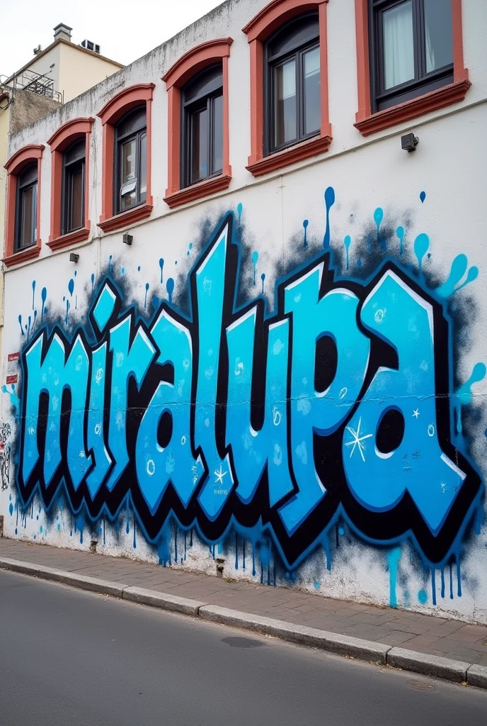 throw-up graffity for the name “miralupa” with complex big thick letters who merge together in blue shade with thick white inlines bombing paint style dripping on a outside wall
Point of view to face the wall from across the road