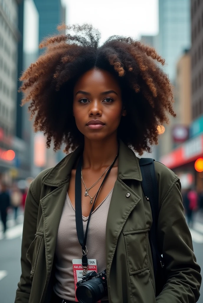 An Afro-descendant female journalist with curly hair 