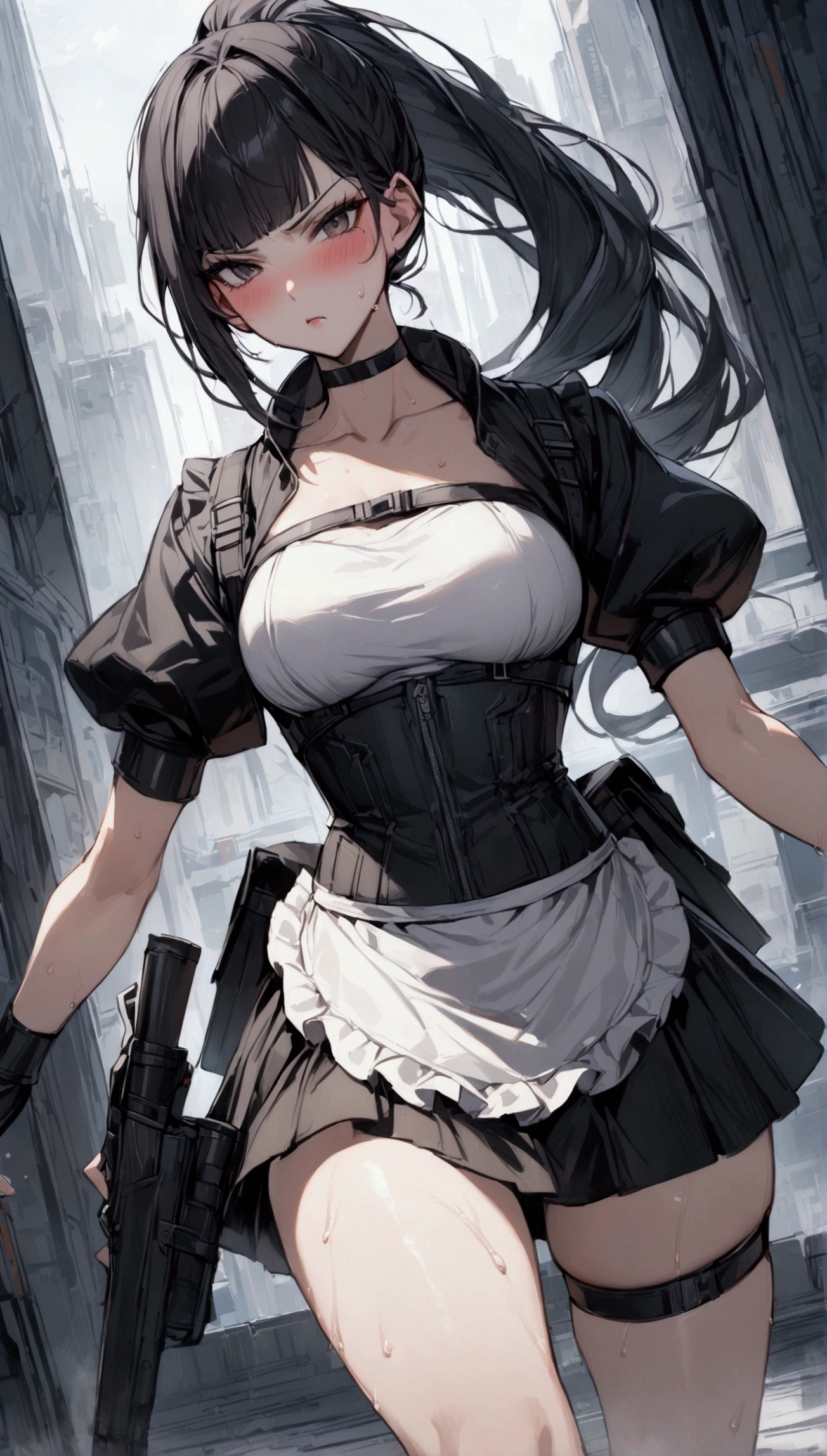1girl solo,Female fighter ,maid outfit, collarbone, white puff sleeves, {{White short-sleeved puff-sleeved blouse:1.6}},black shoulder straps, black corset, black flared mini skirt, blunt bangs, black choker. Dynamic composition,dutch angle,{{fight}},{{masterpiece}}, {{{Highest quality}}},{{Very detailed}},holster ,Fight,,{{v-shaped eyebrows}},Bad mood,blush,Sweat,raise one's eyebrows ,Black hair Long hair,Blunt bangs ,cyberpunk ,Black fingerless gloves ,White frilled apron,,ponytail,Beautiful thighs,Training area,Indoor