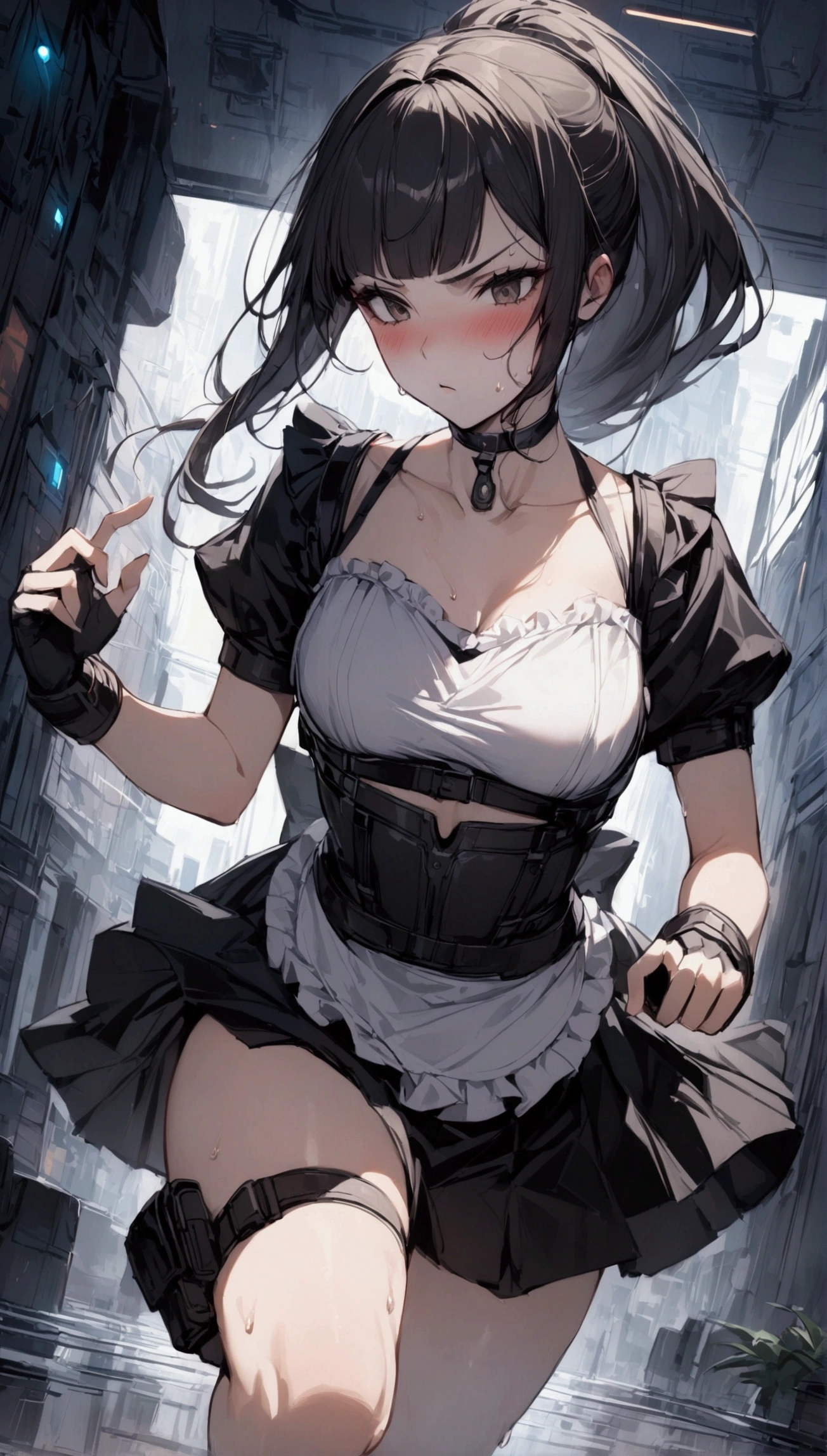 1girl solo,Female fighter ,maid outfit, collarbone, white puff sleeves, {{White short-sleeved puff-sleeved blouse:1.6}},black shoulder straps, black corset, black flared mini skirt, blunt bangs, black choker. Dynamic composition,dutch angle,{{fight}},{{masterpiece}}, {{{Highest quality}}},{{Very detailed}},holster ,Fight,,{{v-shaped eyebrows}},Bad mood,blush,Sweat,raise one's eyebrows ,Black hair Long hair,Blunt bangs ,cyberpunk ,Black fingerless gloves ,White frilled apron,,ponytail,Beautiful thighs,Training area,Indoor