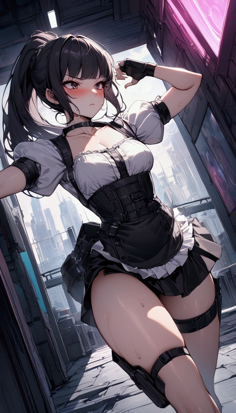1girl solo,Female fighter ,maid outfit, collarbone, white puff sleeves, {{White short-sleeved puff-sleeved blouse:1.6}},black shoulder straps, black corset, black flared mini skirt, blunt bangs, black choker. Dynamic composition,dutch angle,{{fight}},{{masterpiece}}, {{{Highest quality}}},{{Very detailed}},holster ,Fight,,{{v-shaped eyebrows}},Bad mood,blush,Sweat,raise one's eyebrows ,Black hair Long hair,Blunt bangs ,cyberpunk ,Black fingerless gloves ,White frilled apron,,ponytail,Beautiful thighs,Training area,Indoor