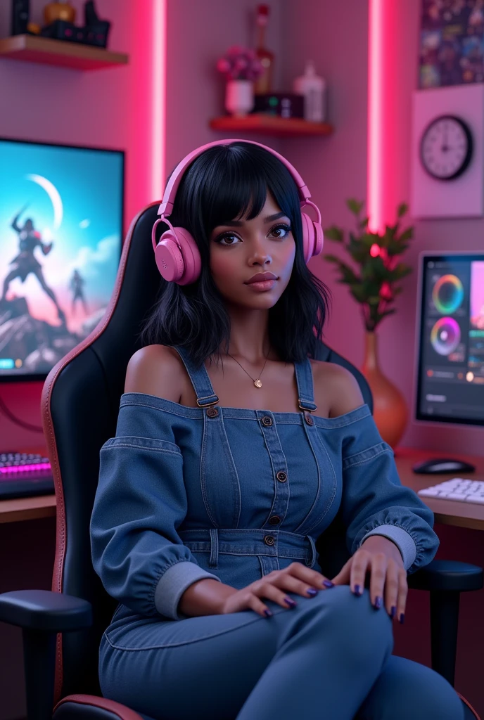 Appearance: A woman with light brown skin, Brazilian straight black hair shoulder length, small eyes, small nose and small mouth. Clothing: She is wearing a denim jumpsuit that combines comfort and style., perfect for a normal day. She has pink headphones resting on her shoulders. context: Room: The room has a gamer themed decor.. Walls can feature game posters or color-changing LED lights, criando uma atmosfera envolvente. computer: There is a gaming setup with RGB lighting, including keyboard, mouse and computer tower. The monitor screen displays a game or game-related theme. Decoration: The room is full of typical gamer elements, like shelves with action figures or collectibles from games, maybe some video game consoles and a gaming chair.