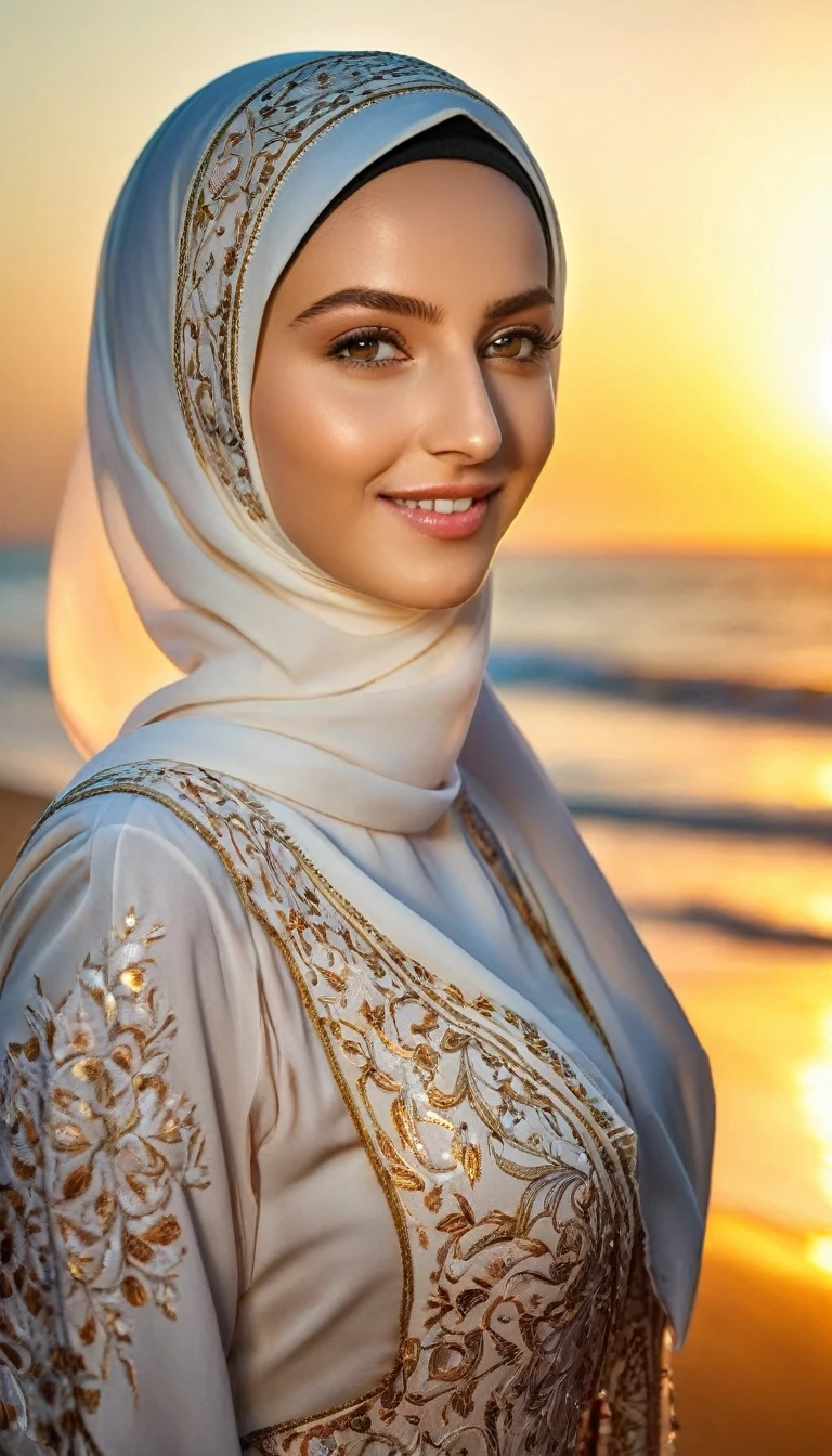 8K Ultra HD, a beautiful young woman in a long Islamic dress, pale skin, warm smile, beautiful face, wearing a hijab, the morning sunrise beach should be the underlying background, with her details incorporated into the goddess, sharp lines, The background warm, sharp focus, 800mm lens, realistic, hyperrealistic, photography, professional photography, deep photography, ultra HD, very high quality, best quality, medium quality, HDR photo, focus photo, deep focus, very detailed, real photo, original photo , ultra sharp, nature photos, masterpieces, award winning, taken with hasselblad x2d