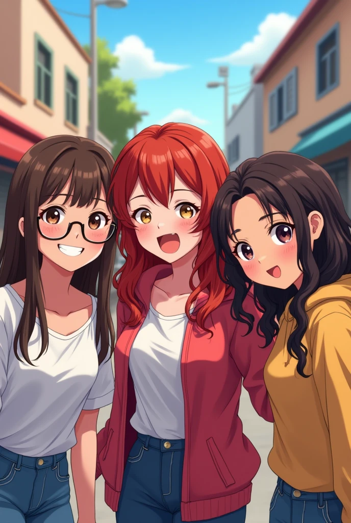 3 friends anime kawaii style version, taking a funny photo , A Chinese woman with long straight chocolate hair without bangs and with glasses and brown eyes, The other is Latina, she has dark red hair with wavy bangs and brown eyes, and the other is also Latina and has somewhat dark skin, she has long wavy hair without bangs and is messy, her hair is chocolate colored with red highlights., small in stature
