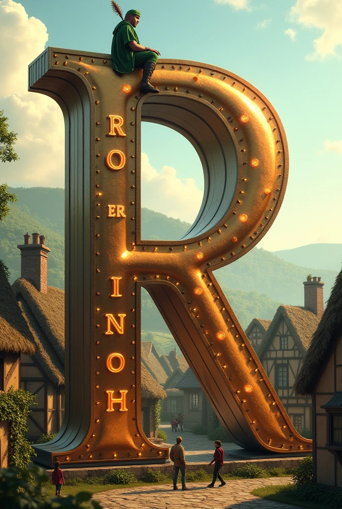 Bright shining Letter R like hollywood but on a big village and Robin hood sitting on top letter R and little humans around Letter