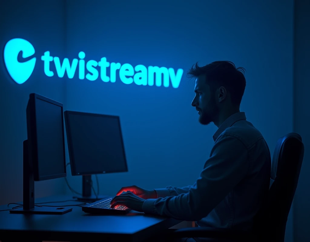 Il y a un homme assis de profil à un bureau avec deux écrans d'ordinateur., éclairage bleu et cinématique, Post-production 8k, Post-production 8K, Éclairage bleu cinématographique, Post-production 8k, Post-production 8K, composition, Cyberpunk Clay, avec éclairage cinéma, éclairage aux couleurs cinématographiques, Prise de vue cinématographique, Rendu 3D 8K tir, Portrait pris en 8Kavec le logo de "Twistreamv en bleu sur le mur"