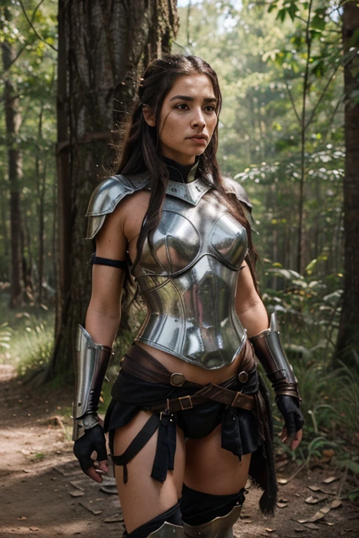 Generates an image of an Amazon woman in full armor. The Amazon must be dressed in robust and detailed armor., that completely covers your body, including helmet, front, shoulder protectors, Gloves and Boots. The armor should have a stylish yet practical design., with metal and leather details, and a finish in metallic tones such as silver or bronze. The woman must have a decisive and powerful stance, with a facial expression that denotes courage and strength. Your hair should be tied or gathered neatly.. The background can be a natural landscape, like a forest or a plain, to complement the image of an Amazon warrior in her natural environment