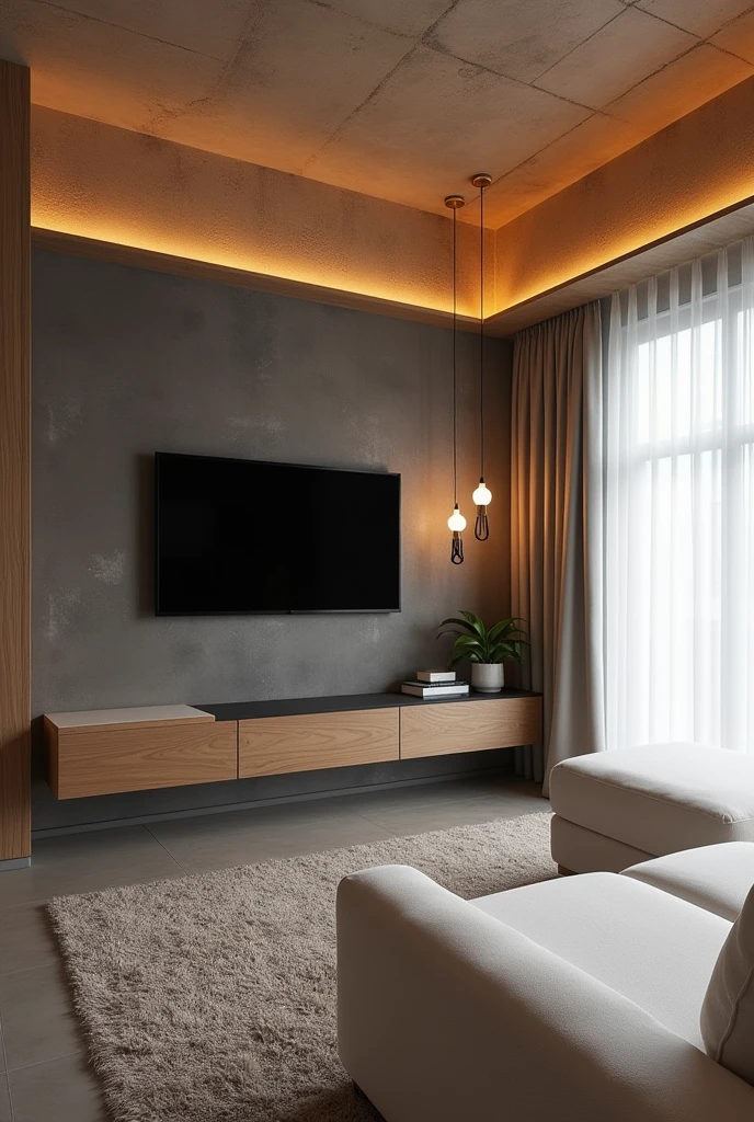 A residential room with a ceiling lined with PVC in the color freijó, the gray floor, the wall with dark burnt cement effect, where is a television, on the right side a pendant light with two warm white bulbs, white curtain on the right side, white furniture with vintage style wooden details, with neutral white central lighting