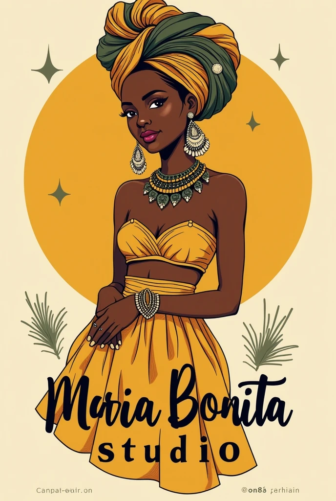objective: Create a vibrant and culturally rich logo that represents the essence of "Maria Bonita Studio", a clothing store focused on African-based religions. The logo must integrate traditional elements of Afro-Brazilian culture, highlighting the mustard yellow palette.
1. Elementos Visuais Principais
人物 da Mulher Baiana:
Description: A detailed illustration of a Bahian woman, central to the logo. The figure must be in traditional attire, including a full skirt and a turban (headwrap).
Additional Detail: The woman should wear large and colorful earrings, and typical accessories, como colares. These ornaments must reflect the cultural and religious richness of the African matrix..
badass clothing: Consider including elements associated with Pombagira, like long, colorful skirts, to connect the visual to the context of African-based religions.
Religious Symbols:
Description: Incorporate subtle symbols related to the orixás and Candomblé, such as crossed out dots or protective symbols, in a stylized way to complement the figure without overloading the design.
2. Mustard Yellow Color Palette:
Main Use: Use mustard yellow as the predominant color to convey warmth, reception and visibility. The figure of the Bahian woman can be in mustard yellow to make her stand out.
Add-ons:
Neutral and Earthy Tones: offwhite, brown and olive green for additional details. Use white for contrast and highlight in accessories, and earthy tones to highlight subtle details without competing with mustard yellow.
3. Typography Elegant and Artistic Font:
Description: Choose a handwritten or cursive font that is elegant and reflects the studio’s artisanal and cultural style..
Customization: Typography can include decorative elements inspired by African art, such as subtle patterns around letters or small embellishments.
4. Layout and Design Position and Integration:
人物: Place the illustration of the Bahian woman centered or slightly offset to