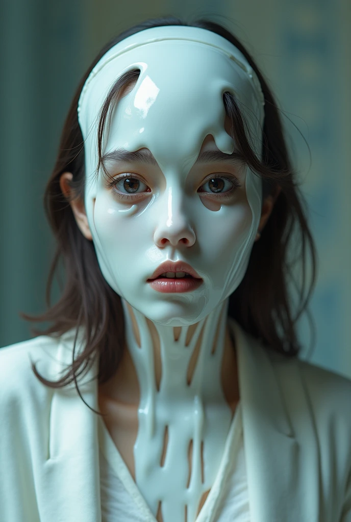 A student with her face covered in white, viscous liquid