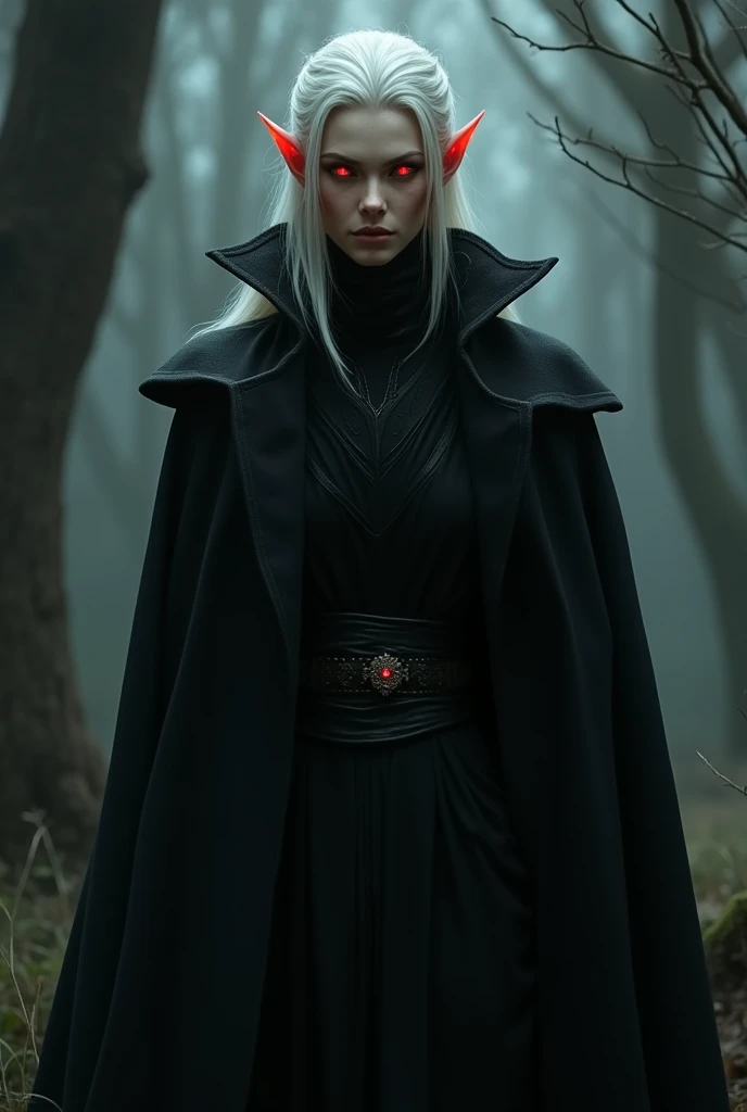Dans un style pas trop réaliste Un personnage d'Elf mâle à la peau et aux cheveux blanc avec des yeux rouges , et vêtu d'un long manteau noir a capuche et d'une ceinture en cuir