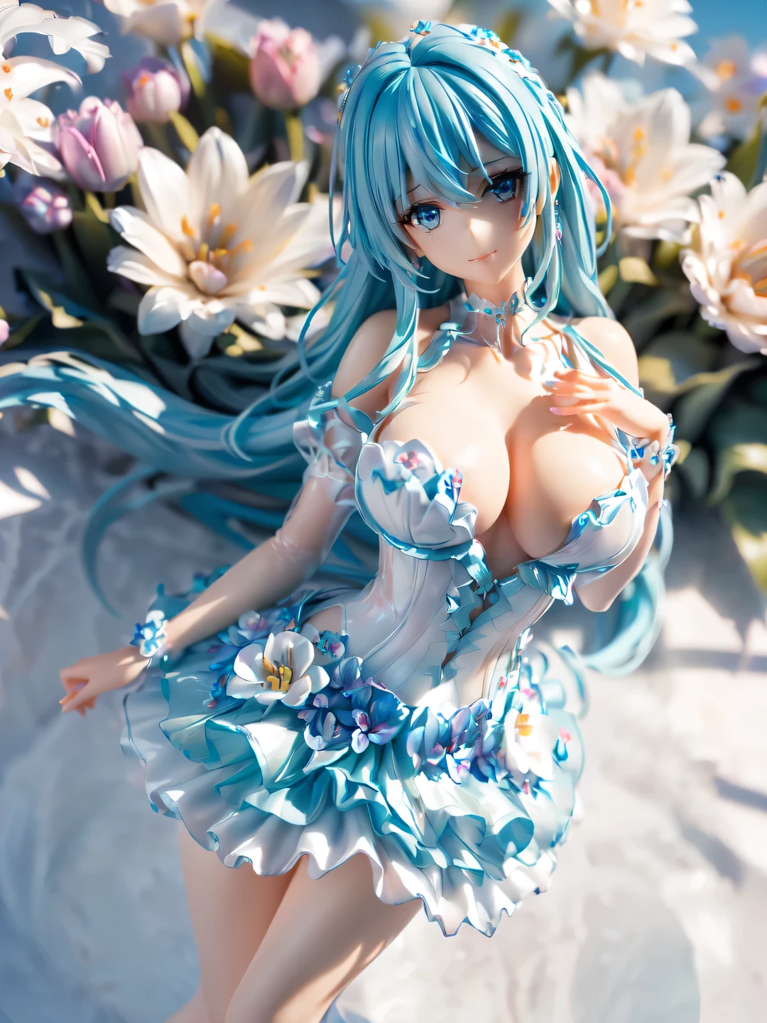 ((beautiful shiny light blue hair,Long Hair,blue eyes,,Cute Smile))break,((Voluptuous figure,Big Breasts:1.2)),break(((Tulip fields in full bloom:1.3,Woman walking through tulip fields))),((A dress made of many colorful tulips:1.3)),break((Tulip hair ornament,Tulip Earrings,Black choker)),not enough((garden:1.3)),break((Cowboy Shot,Top view,Zoom in on face:1.3)),break((parted 唇,Attractive lips)),break(Beautiful Eyes),(Eye highlights),(Highly detailed eyes),(Beautiful thin eyelashes),break((masterpiece,Highest quality,High resolution,8k,Very delicate and beautiful art,Movie-like scene,Realistic lighting and shading,Professional photography,Professional color coding))