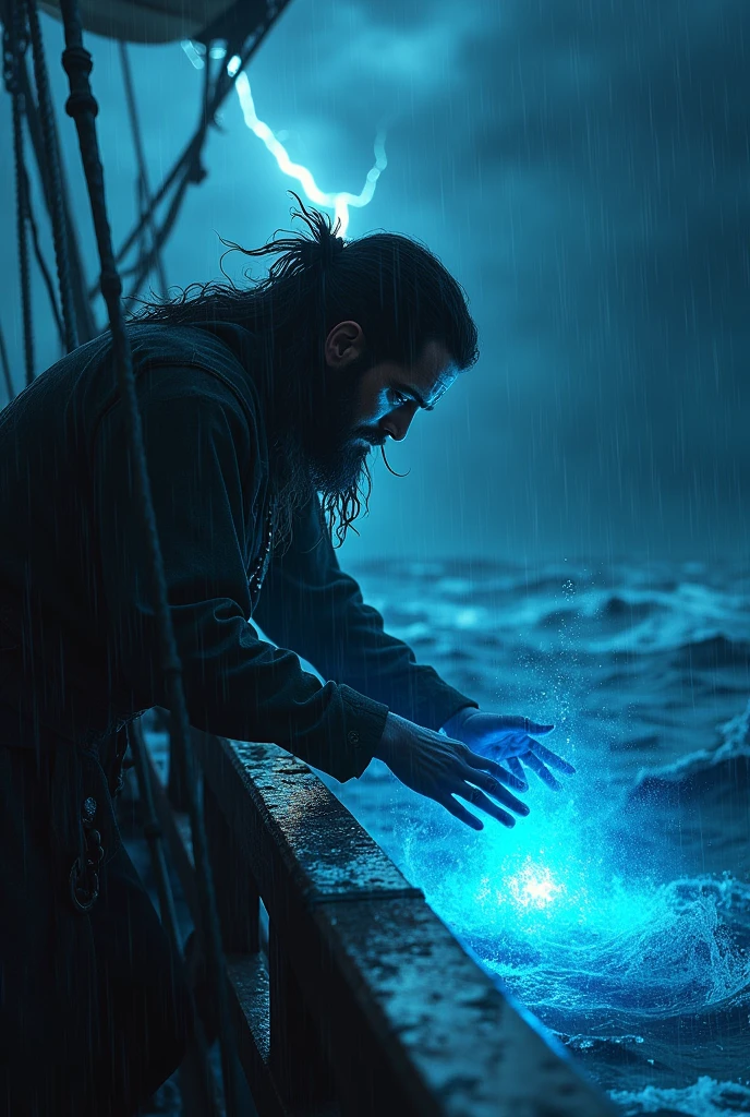 a pirate on the high seas at night raining with lightning in the sky trying to catch a blue stone with a very strong glow
