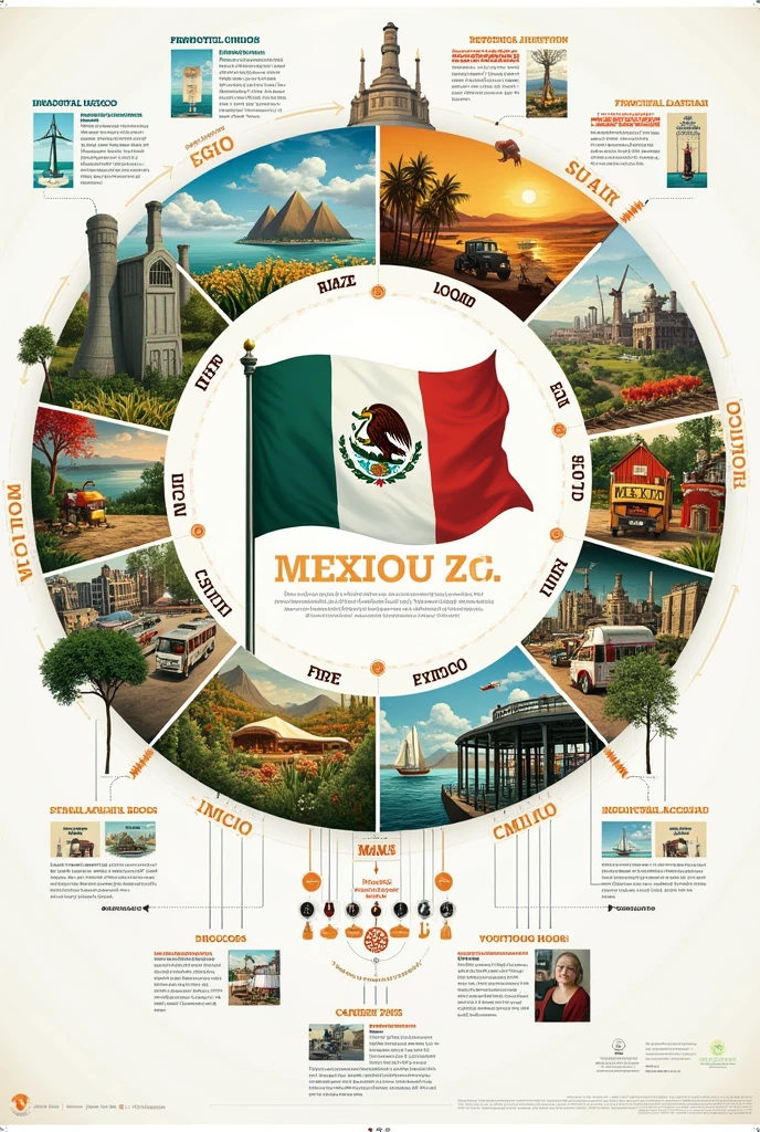 I want a collage of Mexico's economic structure in a circle