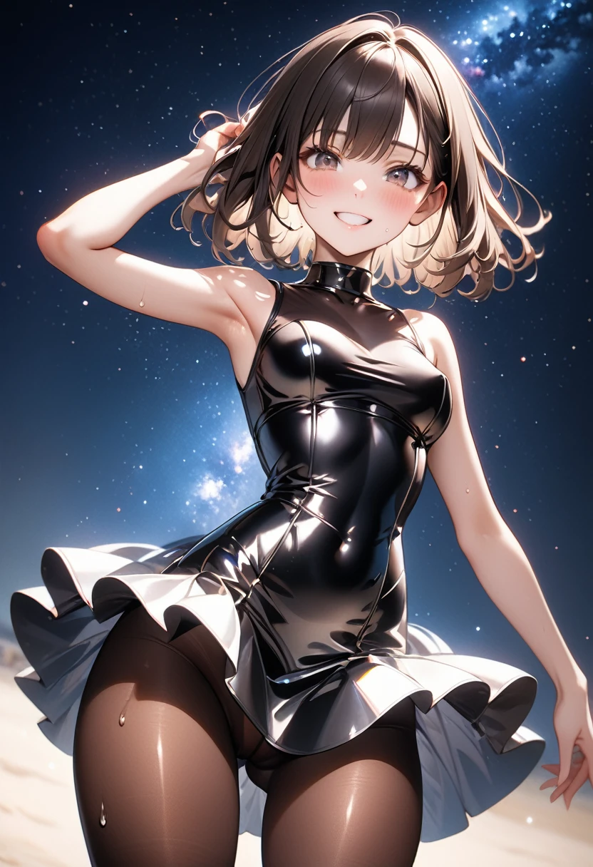 (Evil smile), (((Costumes that exude evil, skirt, Pantyhose))), ((Shiny Costumes)), ((skindentation)), skinny, solo, 1 woman, Masterpiece, highest quality, highest quality, 16K, incredibly absurd, highly detailed, 2.5D, ai-generated, delicate and dynamic, very delicate facial expressions, delicate eye depiction, erotic, only sexy woman, ((A cute and kind face)), healthy figure, ((25-year-old woman)), 160cm tall, medium firm swaying bust, Dark Hair, blush, Sweat,Embarrassed,sexy, ((thin thighs)), shiny and lustrous, facing straight at viewer, (((in heat))), ((Oily_skin)), ((Lots of sweat)), (((Brown Skin))), ((dutch angle)), ((erotic pose)), (((Dynamic Pose))), ((Starry Sky)), (Erect nipples,:0.8), (Metallic clothing:0.5),