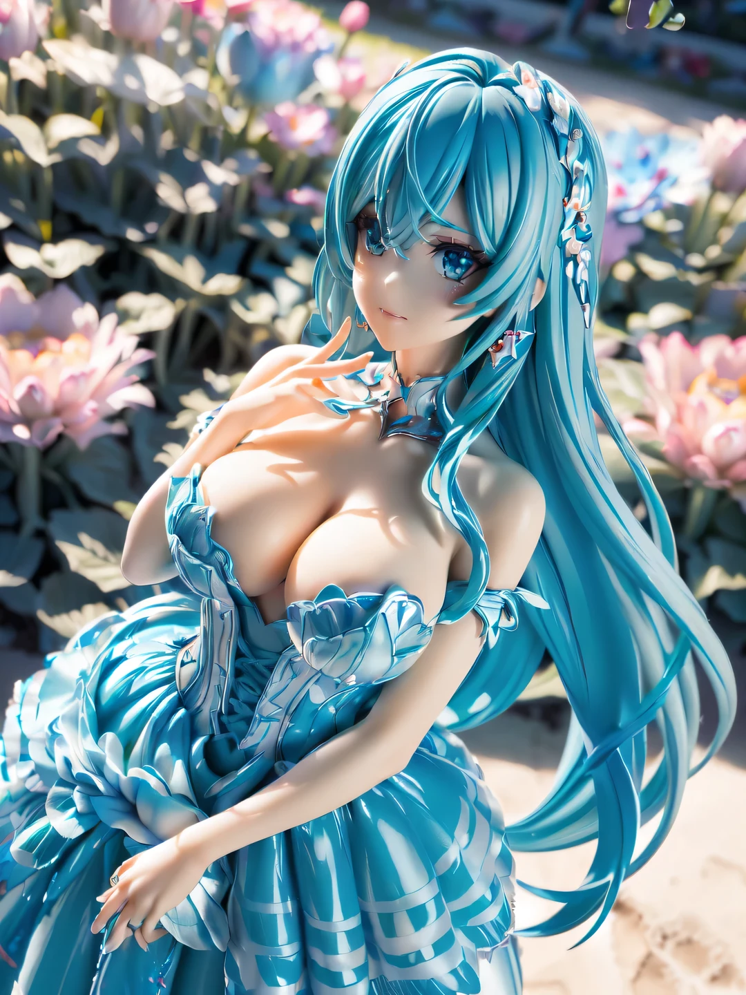 ((beautiful shiny light blue hair,Long Hair,blue eyes,,Cute Smile))break,((Voluptuous figure,Big Breasts:1.2)),break(((Tulip fields in full bloom:1.3,Woman walking through tulip fields))),((A dress made of many colorful tulips:1.3)),break((Tulip hair ornament,Tulip Earrings,Black choker)),not enough((garden:1.3)),break((Cowboy Shot,Top view,Zoom in on face:1.3)),break((parted 唇,Attractive lips)),break(Beautiful Eyes),(Eye highlights),(Highly detailed eyes),(Beautiful thin eyelashes),break((masterpiece,Highest quality,High resolution,8k,Very delicate and beautiful art,Movie-like scene,Realistic lighting and shading,Professional photography,Professional color coding))