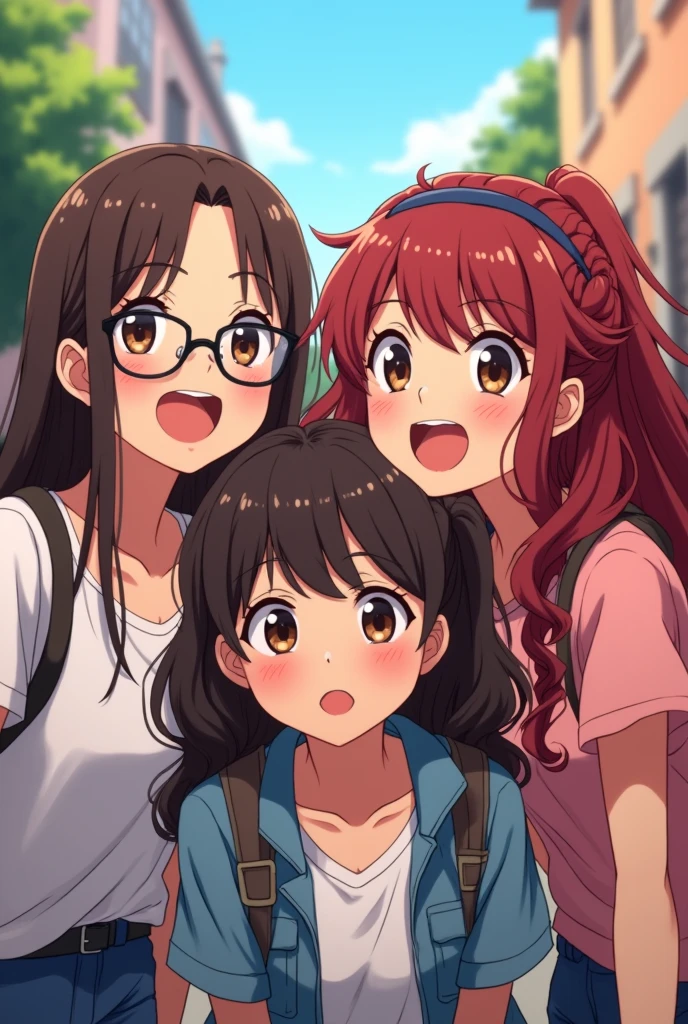 3 friends anime kawaii style version, taking a funny photo , A Chinese woman with long straight chocolate hair without bangs and with glasses and brown eyes, The other is Latina, she has dark red hair with wavy bangs and brown eyes, and the other is also Latina and has somewhat dark skin, she has long wavy hair without bangs and is messy, her hair is chocolate colored with red highlights., small in stature