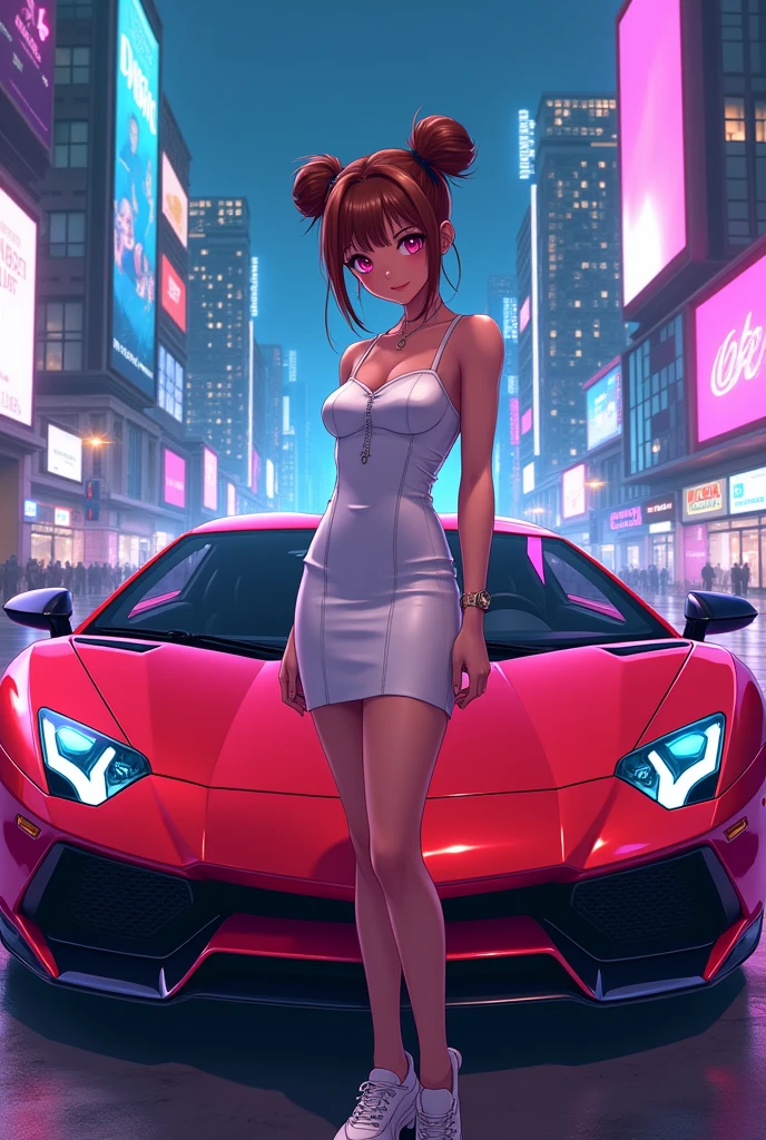 Create a stylish and modern image with a girl as the centerpiece。She is wearing trendy and futuristic clothes.、With confidence、Standing next to a gorgeous neon Lamborghini。Background、Cyberpunk cityscape、Lined with skyscrapers and digital billboards、A vibrant and colorful atmosphere。The overall mood is、ambition、dream、And make cryptocurrency wealth appealing.。
Two buns and chestnut hair color、Clear pink eyes。Wear a white dress。
Car、Posing in front of a red background。Cool 2D girl、Draw a girl in detail in an illustration style. Make sure the entire image fits within the frame.。