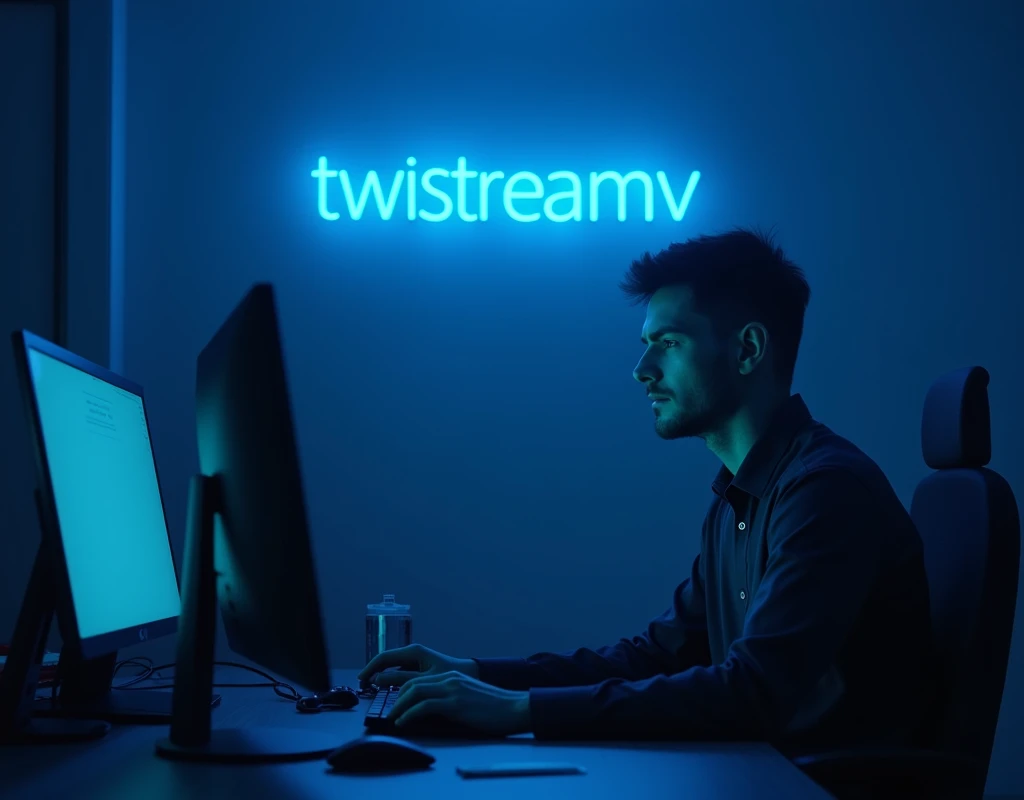 Il y a un homme assis de profil à un bureau avec deux écrans d'ordinateur., éclairage bleu et cinématique, Post-production 8k, Post-production 8K, Éclairage bleu cinématographique, Post-production 8k, Post-production 8K, composition, Cyberpunk Clay, avec éclairage cinéma, éclairage aux couleurs cinématographiques, Prise de vue cinématographique, Rendu 3D 8K tir, Portrait pris en 8Kavec le logo de "Twistreamv en bleu sur le mur"