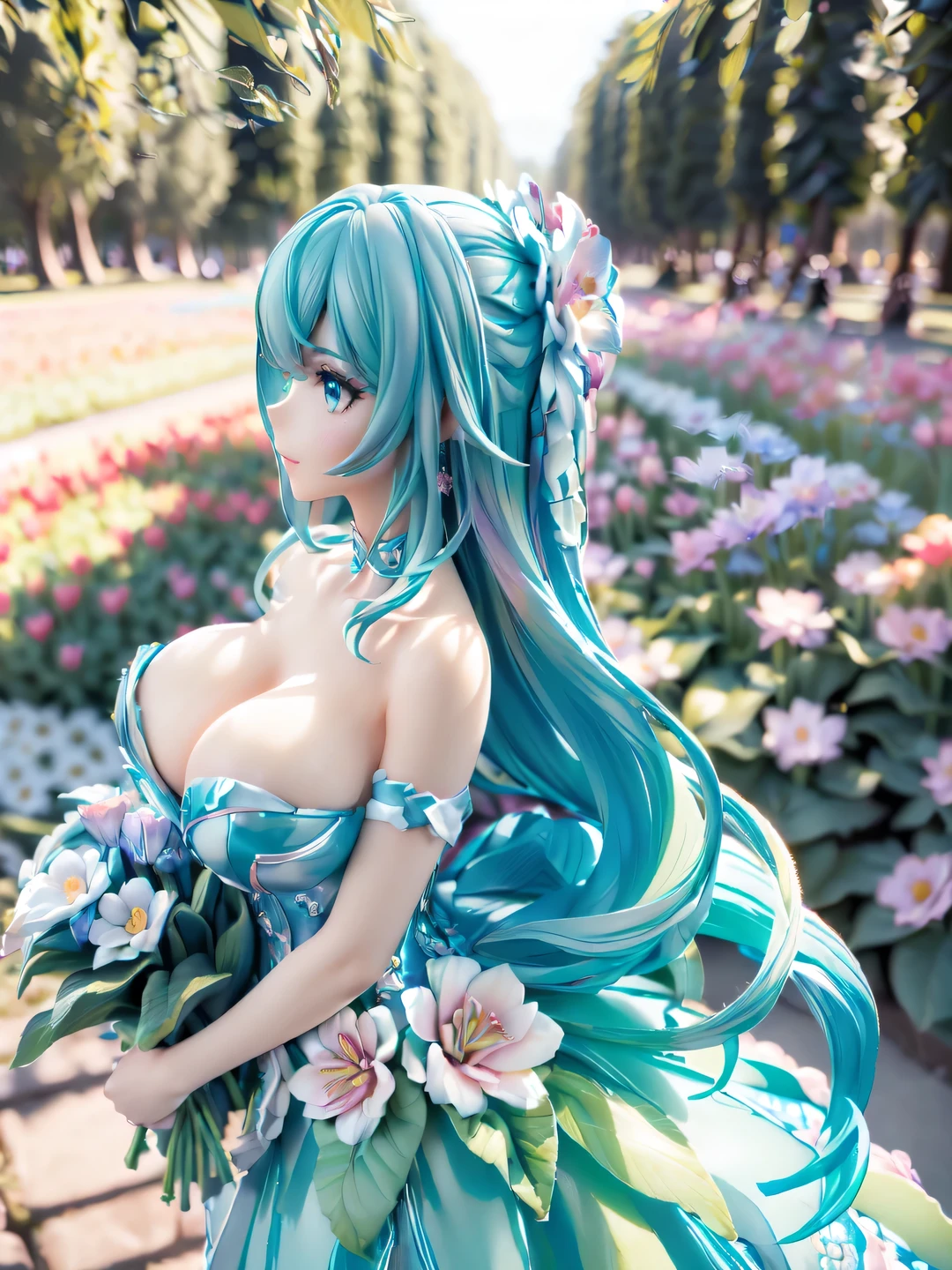((beautiful shiny light blue hair,Long Hair,blue eyes,,Cute Smile))break,((Voluptuous figure,Big Breasts:1.2)),break(((Tulip fields in full bloom:1.3,Woman walking through tulip fields))),((A dress made of many colorful tulips:1.3)),break((Tulip hair ornament,Tulip Earrings,Black choker)),not enough((garden:1.3)),break((Cowboy Shot,Top view,Zoom in on face:1.3)),break((parted 唇,Attractive lips)),break(Beautiful Eyes),(Eye highlights),(Highly detailed eyes),(Beautiful thin eyelashes),break((masterpiece,Highest quality,High resolution,8k,Very delicate and beautiful art,Movie-like scene,Realistic lighting and shading,Professional photography,Professional color coding))