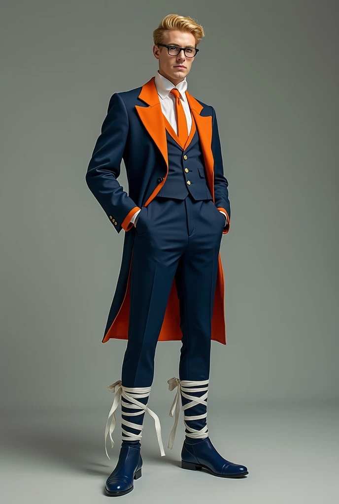 A blond-haired man with glasses on his head wearing a dark blue orange jumpsuit and a dark blue boot with white ribbons tied around one thigh and two around the ankles.