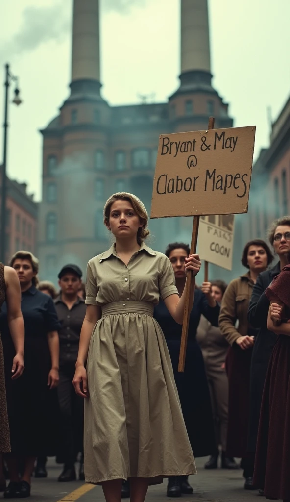 Sarah Chapman, in the center of a group of female strikers, holds a makeshift banner in protest outside the Bryant & May factory, wearing a simple bonnet and factory dress; behind them, a crowd gathers, showing mixed reactions to the strike, while the factory's smoking chimneys dominate the skyline; a medium shot that captures the tension and determination of the moment; hyper-realistic, photo realism, cinematography. The camera lens size should be 200mm, aperture setting f/4.5, and ISO 1600. The medium should be color photography.