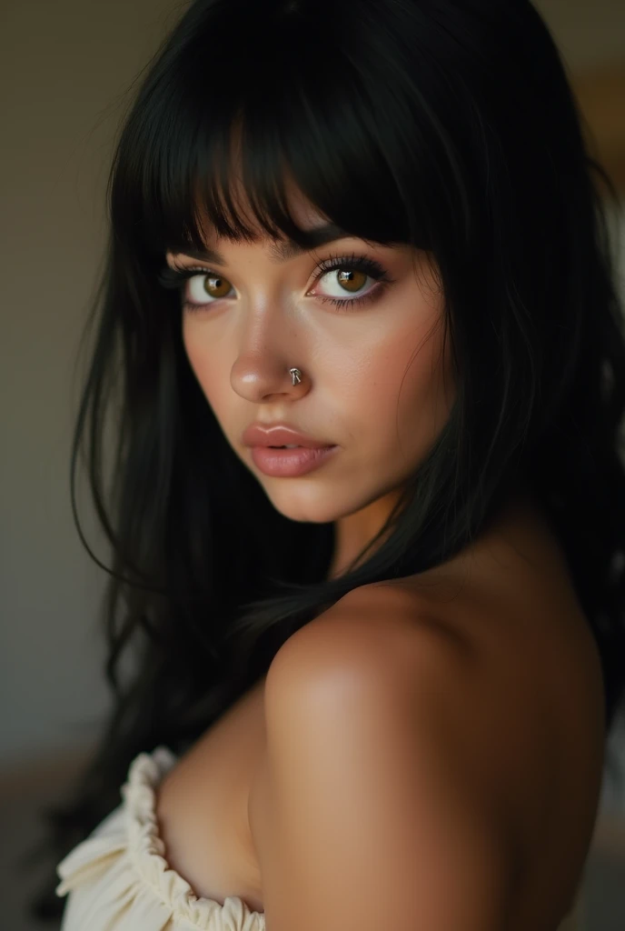 Fair skinned caucasian girl with straightened shoulder length dyed black hair and bangs, hazel eyes, 1 nose piercing, medium size breast, thick thighs, medium sized butt, sexy, naked