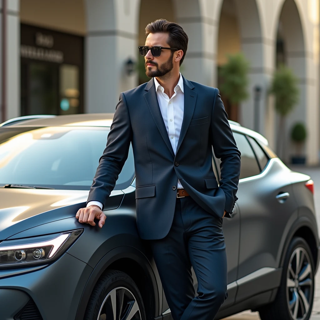 a Brazilian businessman leaning against a not very expensive car, but with style