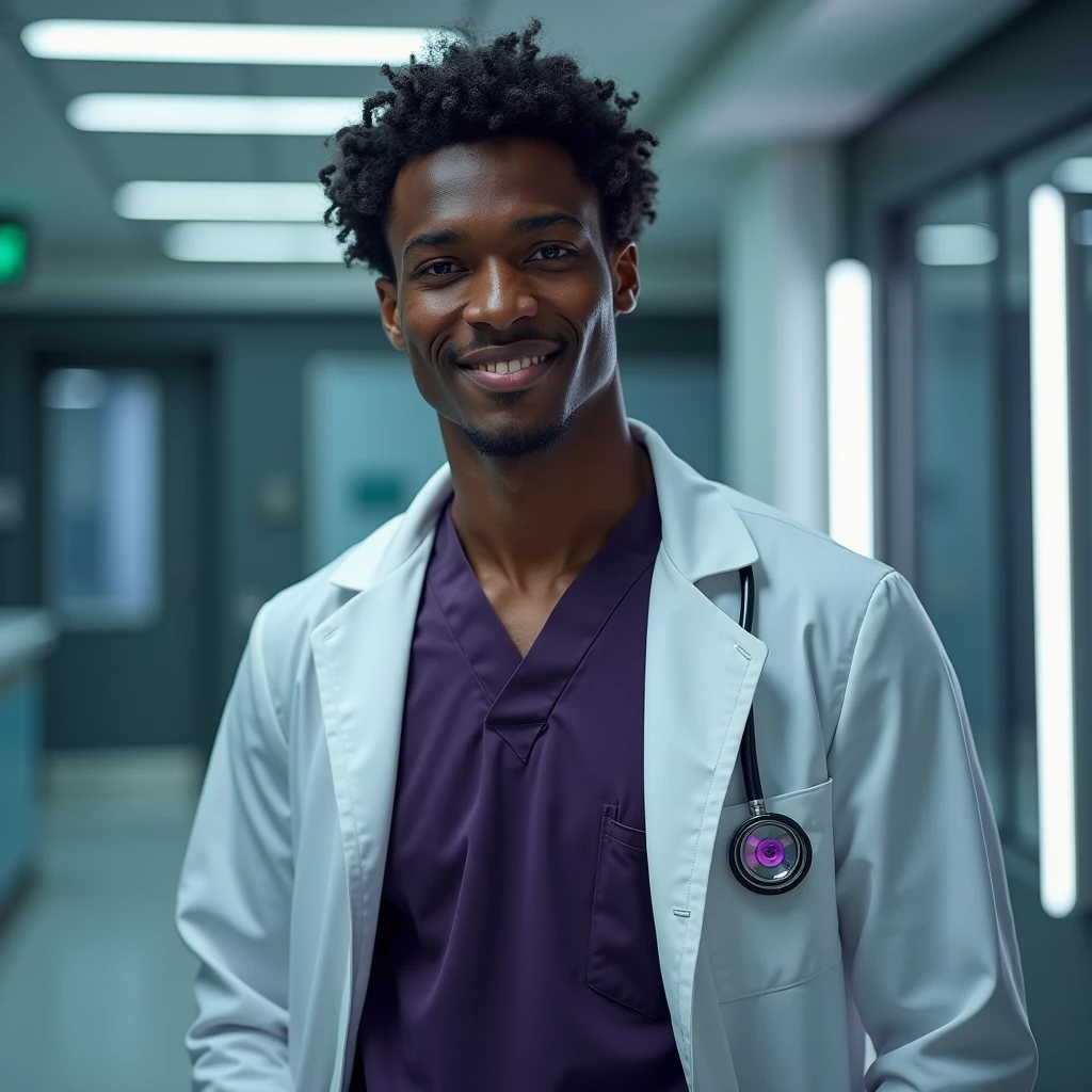 Photograph headshot, hair curly ringlets:1.2 parted to the side, very tall French featured male model, shaved, toned body, ebony skin, vibrant purple eyes, tall thin toned body. Gentle smile expression. Doctor coat, dark purple shirt, modern sci-fi hospital office.