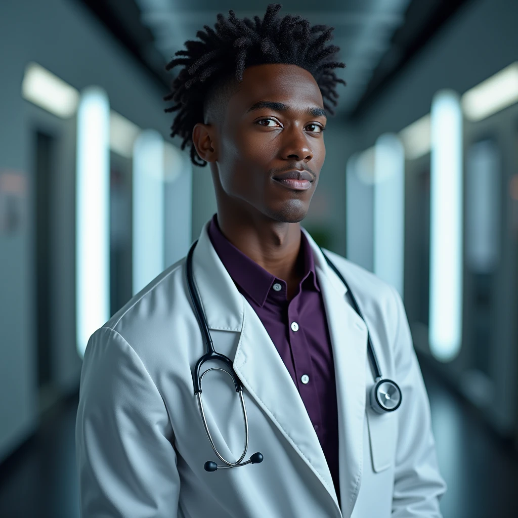 Photograph headshot, hair curly ringlets:1.2 parted to the side, very tall French featured male model, shaved, toned body, ebony skin, vibrant purple eyes, tall thin toned body. Gentle smile expression. Doctor coat, dark purple shirt, modern sci-fi hospital office.
