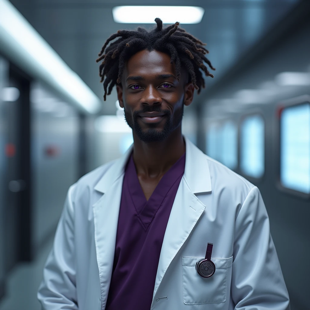 Photograph headshot, hair curly ringlets:1.2 parted to the side, very tall French featured male model, shaved, toned body, ebony skin, vibrant purple eyes, tall thin toned body. Gentle smile expression. Doctor coat, dark purple shirt, modern sci-fi hospital office.