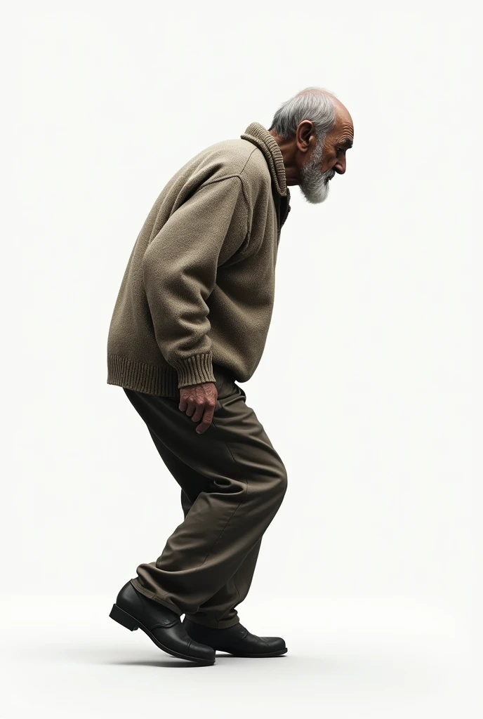 A very hunchbacked old man in a sweater walking facing right against a white background 