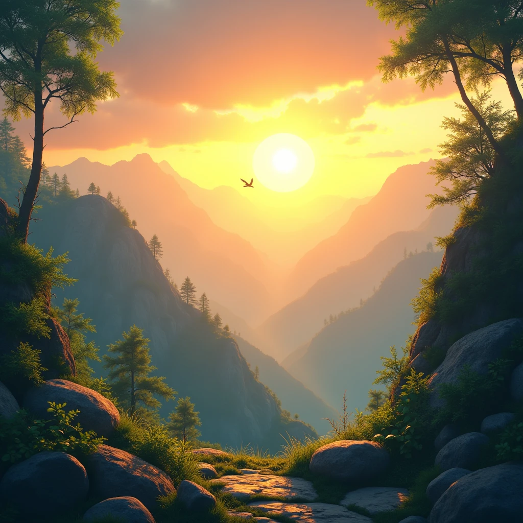 The image of a warm sunrise on the mountain top, the soft light shining through the leaves and the peaceful sounds of nature create a sense of serenity. hyper realistic