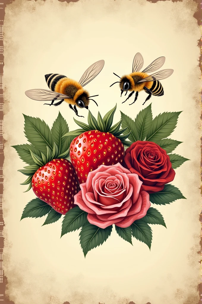 Create a vintage bakery logo featuring strawberries, bees and roses, no text