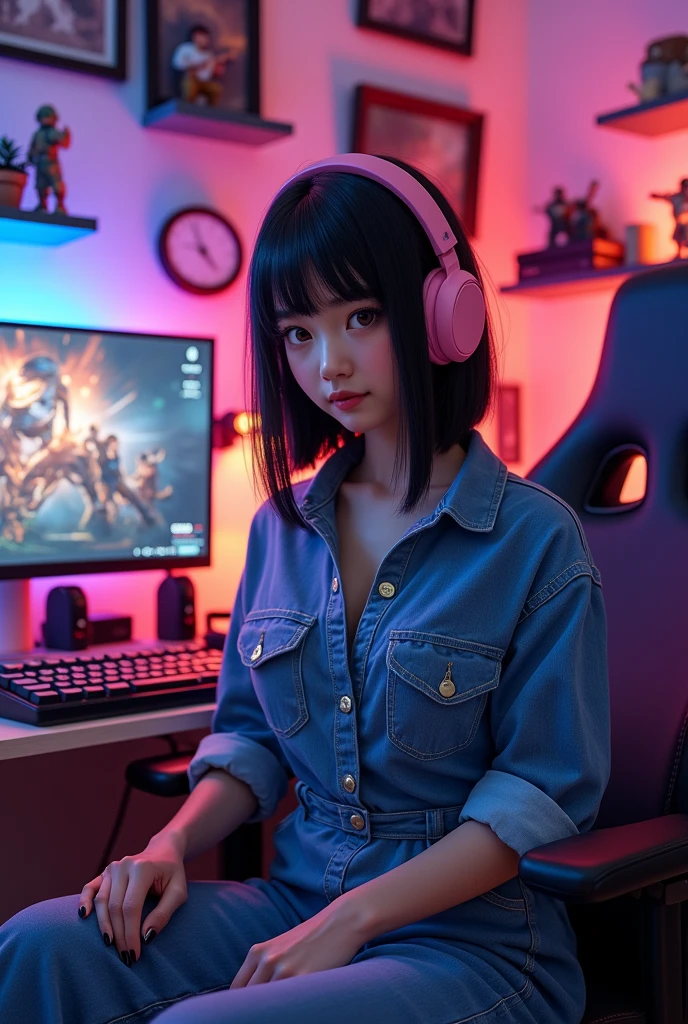 Appearance: A woman with light brown skin, Brazilian straight black hair shoulder length, small eyes, small nose and small mouth. Clothing: She is wearing a denim jumpsuit that combines comfort and style., perfect for a normal day. She has pink headphones resting on her shoulders. context: Room: The room has a gamer themed decor.. Walls can feature game posters or color-changing LED lights, criando uma atmosfera envolvente. computer: There is a gaming setup with RGB lighting, including keyboard, mouse and computer tower. The monitor screen displays a game or game-related theme. Decoration: The room is full of typical gamer elements, like shelves with action figures or collectibles from games, maybe some video game consoles and a gaming chair. several photos