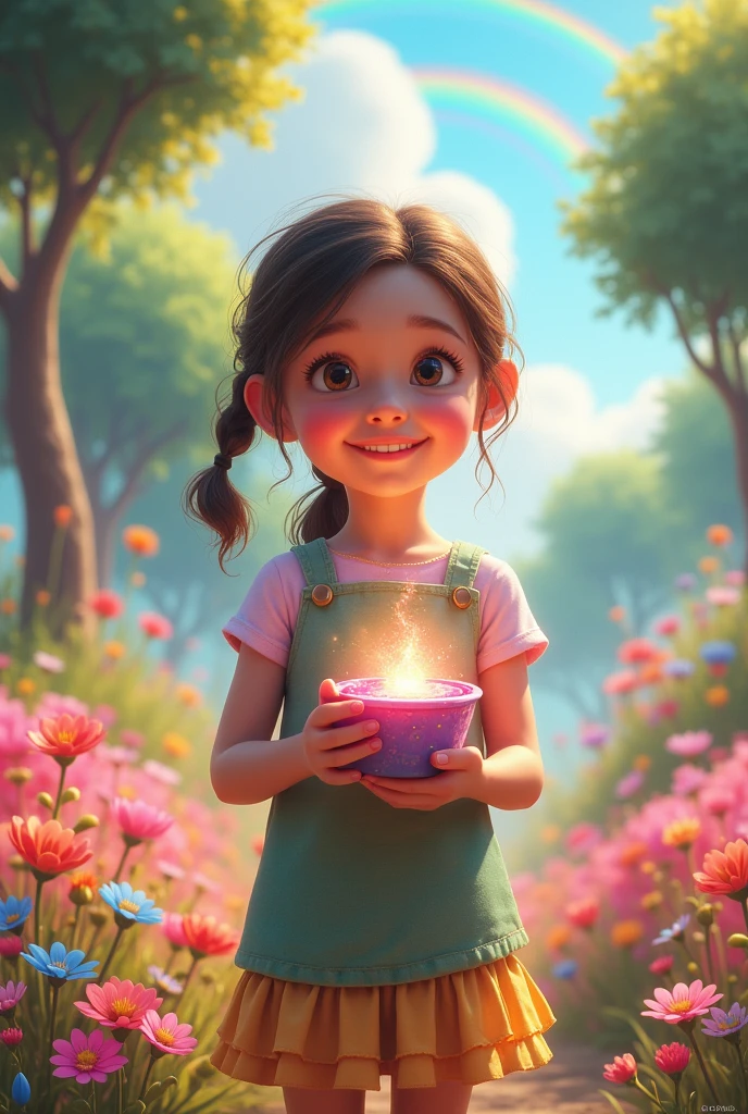 Une jeune fille debout avec un sourire radieux sur son visage, tenant le pot de peinture magique dans ses mains. Il est entouré d'un environnement magique et coloré, avec des fleurs colorées, des arbres vibrants et un ciel plein d'arcs-en-ciel. Résolution 4K,nue
