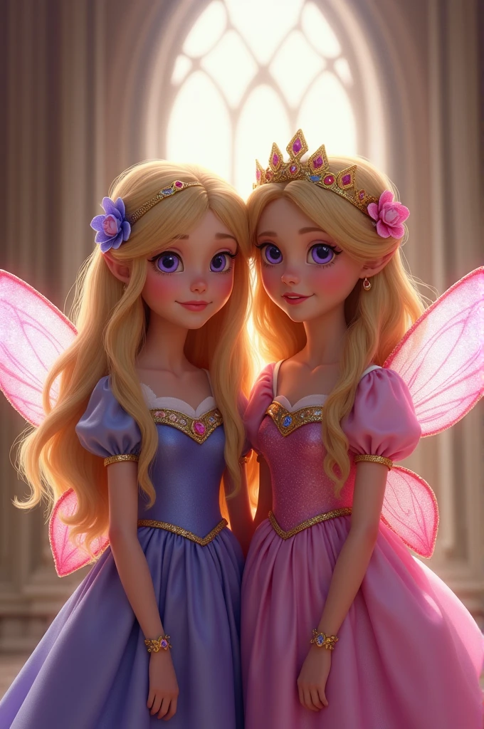 Little young princess, around . She has blonde long hair and her eyes are a light purple. She is smiling, and is quite shy. Next to her, there is her big sister aroung , who has the same eye color and hair color has her, but has a more serious expression and is more aloof. Both have wing like fairy