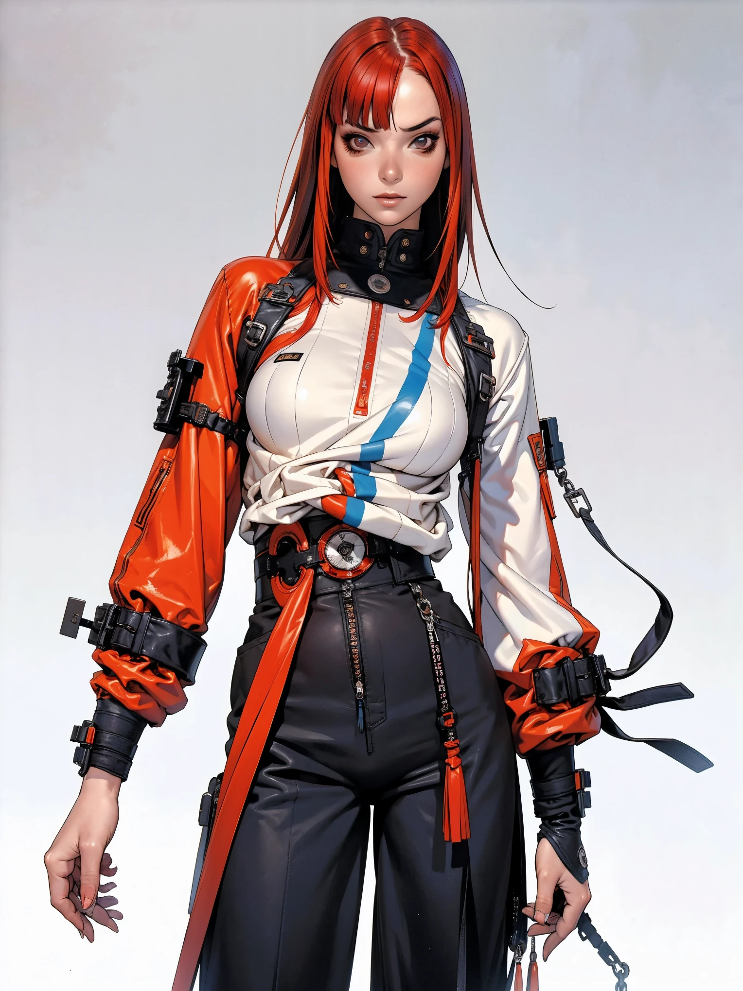 (best qualityer))), (((manga strokes))), (((red bob hair with straight bangs and blue highlights))), (((wide striped pants with 2 side stripes))), uma Kizi jovem muito bem vestida com roupas modernas de inverno, top gift vertical stripes, short jacket with dark fur collar, beautiful and expressive face, slightly-smile, big eyes with long black eyelashes, heavy make-up, chains and zippers spread across clothes, contrasting colours, pose de atitude, hair with a modern and futuristic cut, urban game poster art, dramatic camera angles, graffiti art elements in the background, design mixing contemporary and retro by Shepard Fairey, (((cowboy shot))), (((best qualityer: 1.4))), (Unbeatable masterpiece), (hiper HD),(CG 8k hyper-realistic), Kizi, (((standing alone))), pirralha violent, ((())), sexly, pose de atitude, work of art, post-apocalypse, (((manga style))), bounty hunter, violent, Manic, the way you want, slenderbody, thin but strong, perfectbody, roupa moderna, advanced technology, neon, sleeves with vertical striped pattern, neutral background, (( cowboy shot )). intricate visual