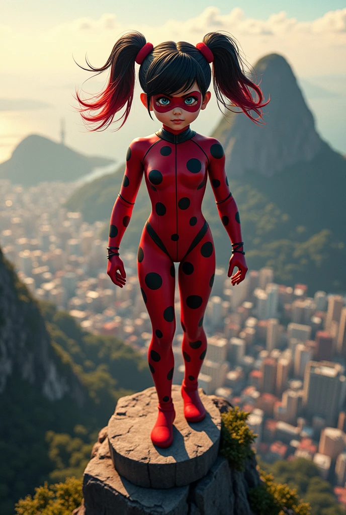 Super heroine Ladybug on top of Christ the Redeemer with her pigtails hairstyle