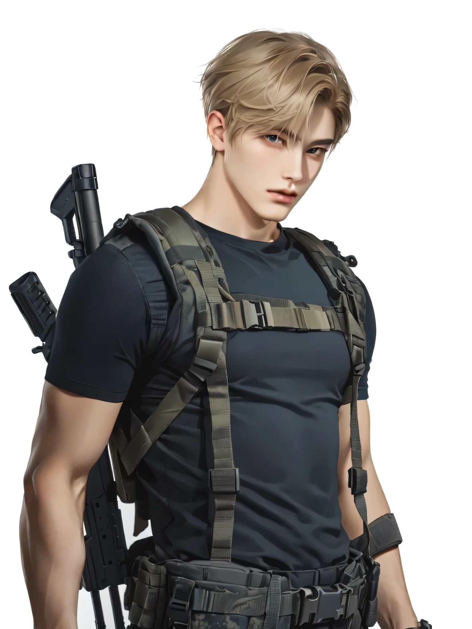 a close up of a man with a gun and a backpack, model is wearing techtical vest, cai xukun, johan liebert, south korean male, with rifle, arms behind back, realistic soldiers, soldier outfit, carrying a rifle, park jimin, soldier, tpose, with a backpack, wearing tactical gear, chest up bust shot, male character, jk uniform