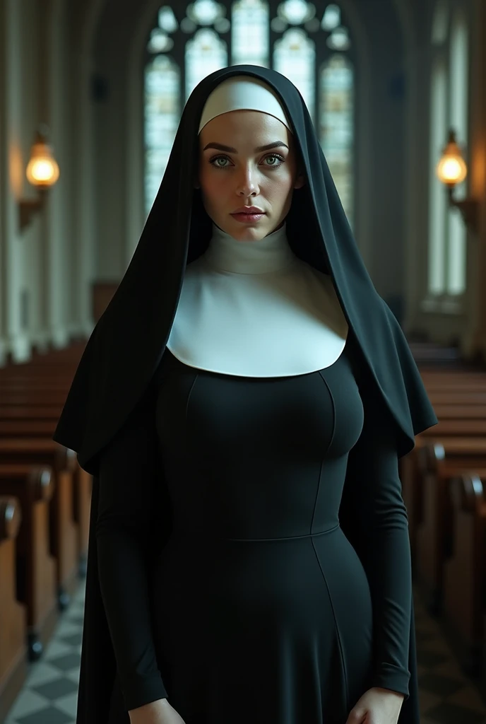 sexy nun with body in a tight and revealing (((nun outfit))), white skin with very intense (((green eyes))) in a gothic dark church, (((hyper realistic))), (((full body))), erotic nun outfit