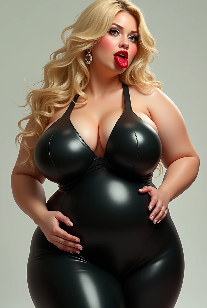 A blonde bimbo girl with gigantic breasts, hourglass figure and waist, massive lips and dressed in a black latex catsuit