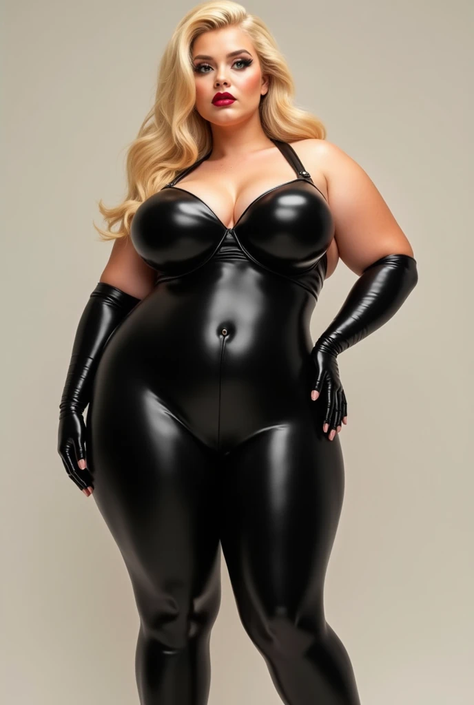 A blonde bimbo girl with gigantic breasts, hourglass figure and waist, massive lips and dressed in a black latex catsuit