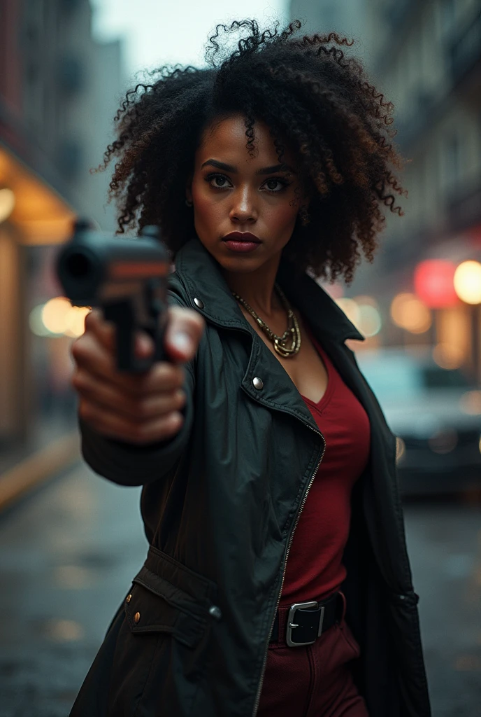 An African-American female investigative journalist with a curly hair revolver 