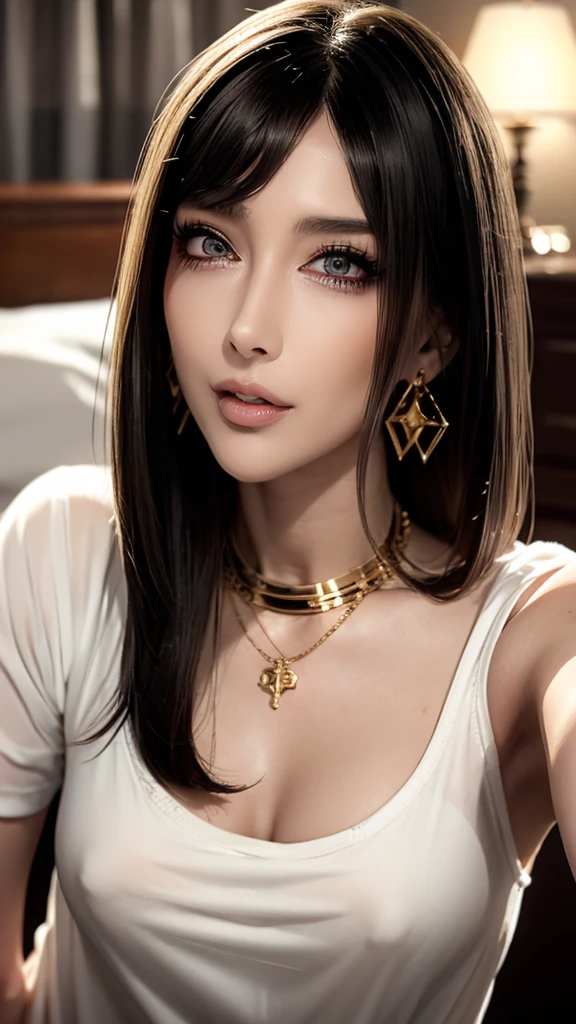 Dominant beautiful mature white woman,Shortcuts,Straight Hair,Black and gold colored hair,girl, close eyes, close mouth, orgasm, pajamas, lay on, sleep on your side, on bed, {{masturbation}}, put hand in panties, best quality, very aesthetic, nsfw, indoor, from top, look side, panties